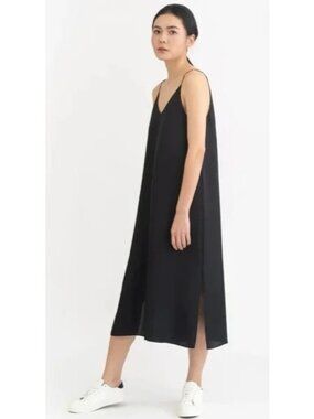 Grana Silk Midi V Neck Slip Dress Sz XS Black Chinese Silk